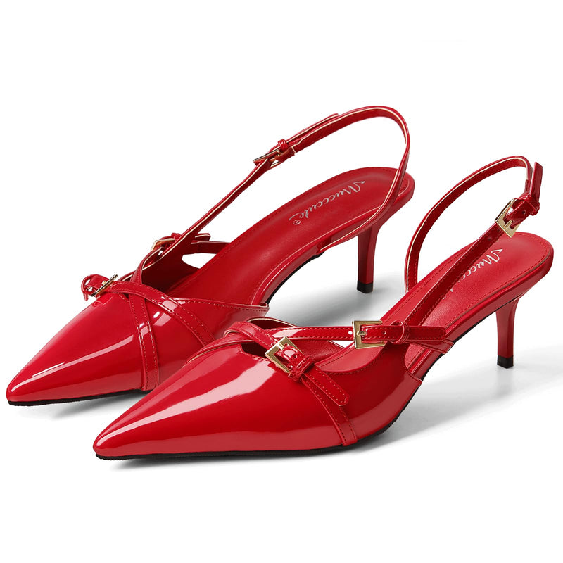Red Kitten Heels for Women Pointed Toe Slingback Low Heels with Buckle Strap Heeled Pumps US Size 7